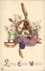 Brown Easter Bunny Playing Banjo Near White Flowers Postcard