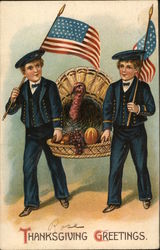 Two Soldier Boys Delivering Turkey in Basket Postcard