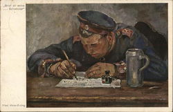 Man in Military Uniform Leaning Foward as He Writes With a Pen Postcard