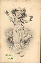 Frohliche Ostern - girl with flowers, eggs and a sheep Postcard