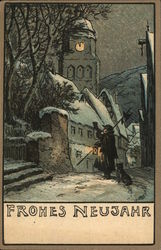 Frohes Neujahr - Crier in the street at night New Year's Postcard Postcard Postcard