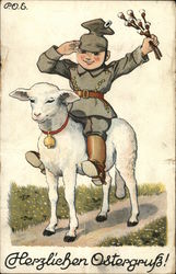 Herzlichen Ostergruss - boy in an army outfit riding a lamb and waving flowers Postcard