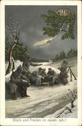 Gluck und Frieden im neuen Jahr! - soldiers in the snow at night New Year's Postcard Postcard Postcard