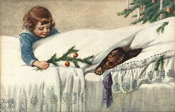 Girl offering a dog sleeping in bed an evergreen branch Christmas Postcard Postcard Postcard