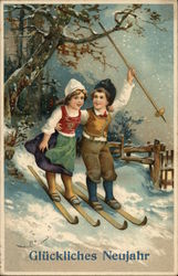 Gluckliches Neujahr - children skiing Postcard Postcard Postcard