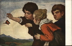 Painting of children looking at a butterfly Postcard Postcard Postcard