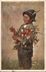 Older Male Child with Flowers Pulling Petals Off of Daisy Postcard