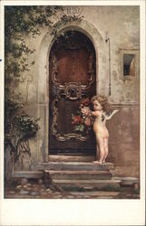 Cupid with flowers at the door Postcard