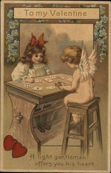 Little Girl and Cupid Playing Cards Postcard