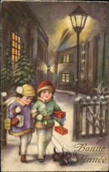 Bonne Annee - Children with packages walking dogs in the snow at night Postcard Postcard Postcard