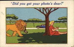 Did you get your photo's dear? - Lion bringing a camera back to a woman Postcard