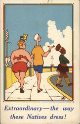 Extraordinary - the way these natives dress! Couple in swimming attire gesturing to a native Comic, Funny Postcard Postcard