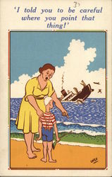 woman reprimanding a boy with a rifle while a ship sinks in the distance Postcard