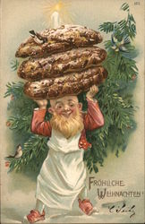 Small Bearded Man Holding Huge Sausages Above His Head Christmas Postcard Postcard Postcard