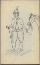 line drawing of man holding a horse Postcard