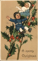 A Merry Christmas - children sitting on holly branches Postcard