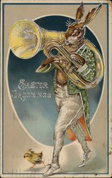 Easter Greetings - rabbit playing a tuba with a chick at his feet Postcard