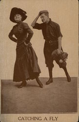 catching a fly - woman and baseball player posing Postcard Postcard Postcard