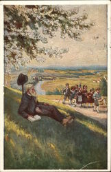 Group of Children Walking By Older Man with Book on Grassy Hill Art Postcard Postcard Postcard