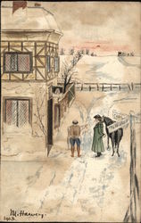 Snow-Covered Road Building with Two Men and a Horse Postcard