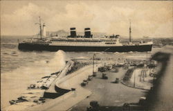 Large Ship In Harbor with Lighthouse in Background Postcard