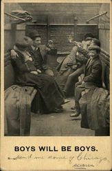 Boys will be boys- men smoking and chatting with women in a train car Postcard Postcard Postcard