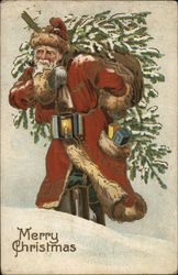 Merry Christmas - Santa with a Christmas tree on his back Postcard