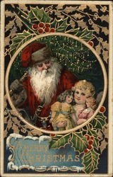 A Merry Christmas - Santa with a girl holding dolls Santa Claus Postcard Postcard Postcard