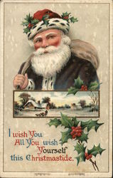 Santa With Sack Over Shoulder With Scenic Inset Santa Claus Postcard Postcard Postcard