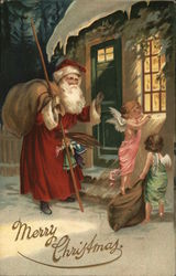 Merry Christmas - angel and Santa looking in a window Santa Claus Postcard Postcard Postcard