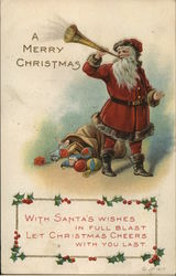 A Merry Christmas - Santa blowing a horn Postcard