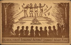 Four Boys Singing on a Platform in Front of a Camp Fire with Audience Silhouette Boy Scouts Postcard Postcard Postcard