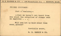 Typed Message From H.E. Harris & Co. Postcard