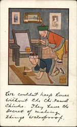 Two Asian Men Painting the Floor and a Chair Postcard Postcard Postcard