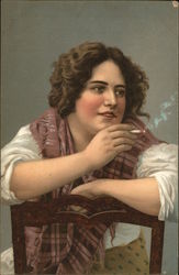 Woman sitting backwards in a chair smoking Women Postcard Postcard Postcard