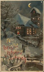 A Bright happy Christmas - house at night in winter Postcard Postcard Postcard