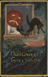 Halloween Greetings Keep Moving - jack o lantern looking at a black cat through the window Postcard Postcard Postcard