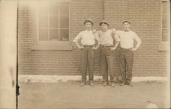 Snapshot of Three Men Outside Brick Building Postcard Postcard Postcard