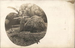 Woman Posing with a Pile of Straw Apple Vignette Postcard