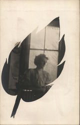 Woman Posing in Front of a Window Leaf Vignette Postcard