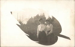 Snapshot of Two Women In Front of Residences Leaf Vignette Postcard