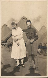 Soldier and Lady Posing in Camp Postcard