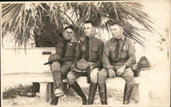 Three Soldiers on a Bench Under Palm Trees Postcard