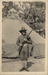 Soldier with Rifle Posing in Camp People in Uniform Postcard Postcard Postcard