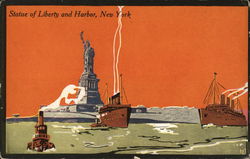 Statue of Liberty and Harbor - Art Deco Postcard