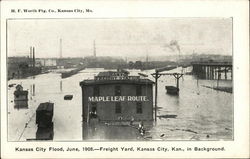 Kansas City Flood, June, 1908 - Freight Yard, Kansas City, Kan., in Background Postcard