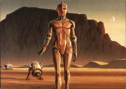 Star Wars C-3PO and R2-D2 on Tatooise. Detail from a production painting. Postcard