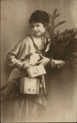 Girl With Fir Boughs and Presents Postcard