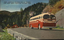 Smoky Moutain trailway Bus on Highway Thru Great Smoky Mountains National Park Postcard