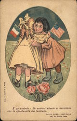 Two Girls With American and French Flags Postcard